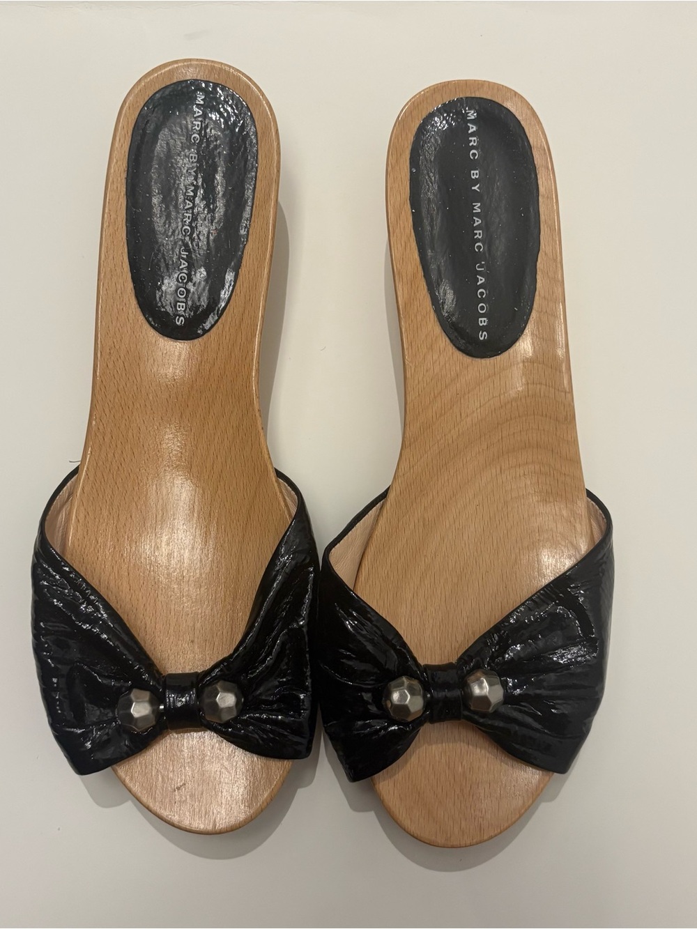 Marc By Marc Jacobs Black Bow Wooden Slide Mules with Stud Detail